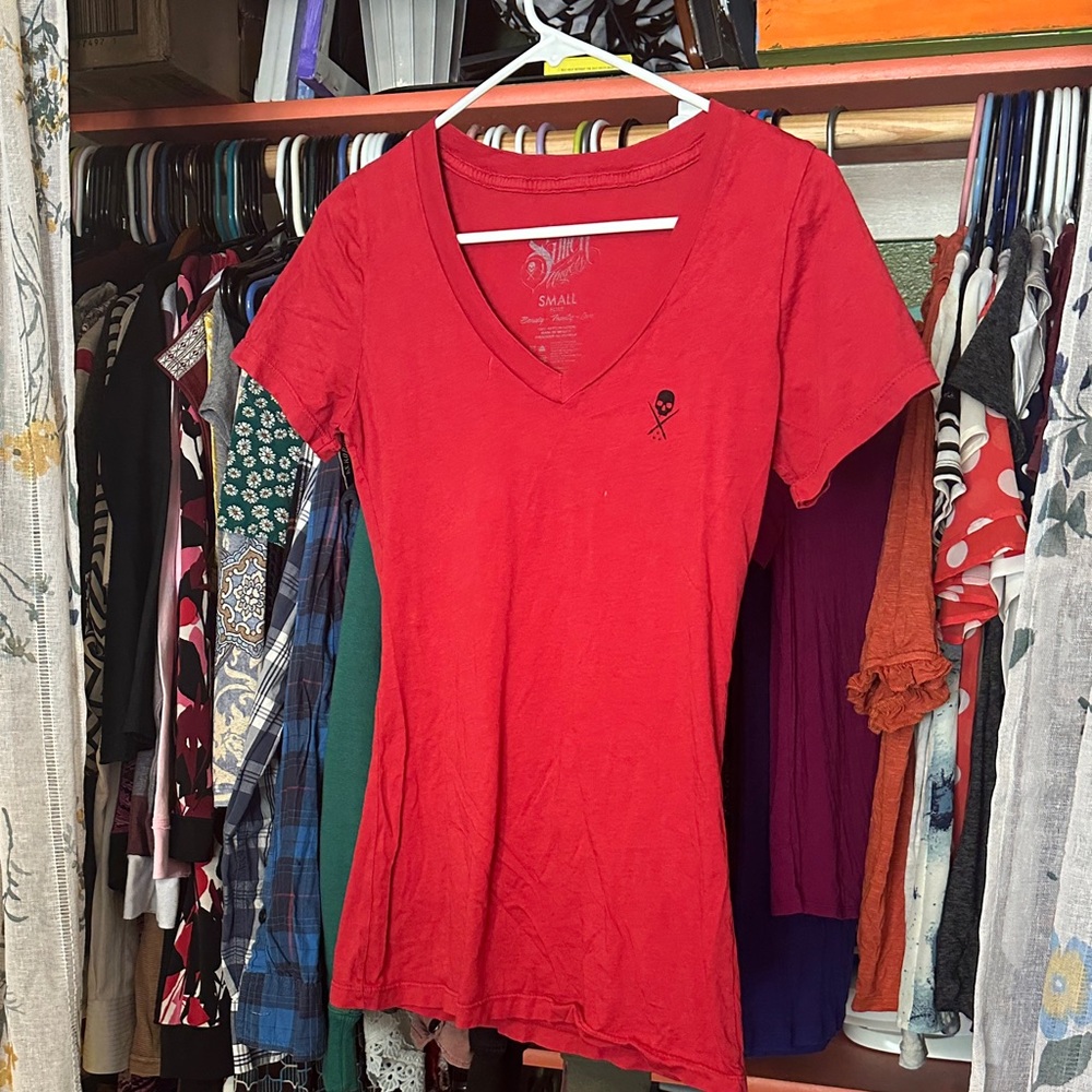 Red V-Neck Short Sleeve Tee with Subtle Chest Emblem